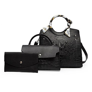 3 IN 1 CROCODILE SCARFED ROUND HANDLE SATCHEL SET