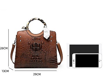 3 IN 1 CROCODILE SCARFED ROUND HANDLE SATCHEL SET
