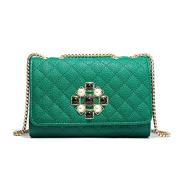 Quilted Pearl Accent Chained Shoulder Bag