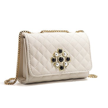 Quilted Pearl Accent Chained Shoulder Bag