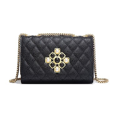 Quilted Pearl Accent Chained Shoulder Bag