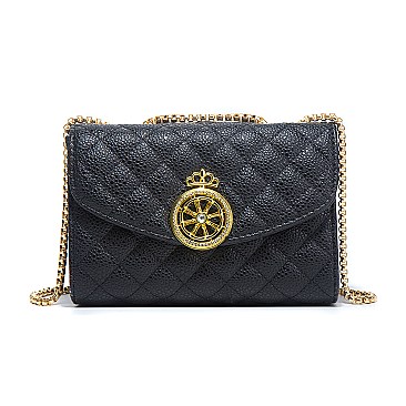 Quilted Stoned Crown Emblemed Cross Body Shoulder Bag