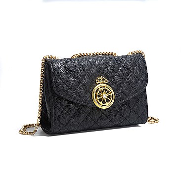 Quilted Stoned Crown Emblemed Cross Body Shoulder Bag