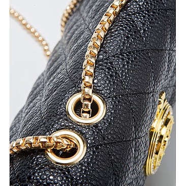 Quilted Stoned Crown Emblemed Cross Body Shoulder Bag