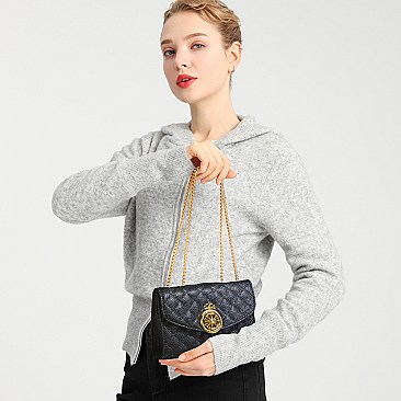 Quilted Stoned Crown Emblemed Cross Body Shoulder Bag