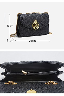 Quilted Stoned Crown Emblemed Cross Body Shoulder Bag