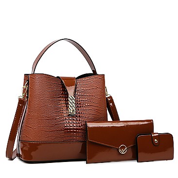 3 IN-1Flap Accented Croc Bucket Hobo Bag