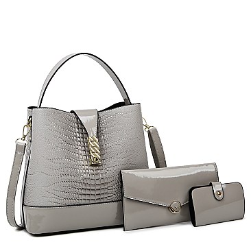 3 IN-1Flap Accented Croc Bucket Hobo Bag
