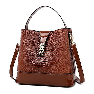 3 IN-1Flap Accented Croc Bucket Hobo Bag