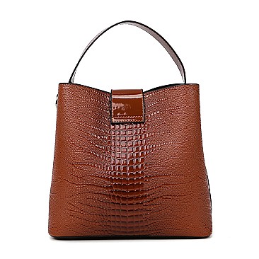 3 IN-1Flap Accented Croc Bucket Hobo Bag