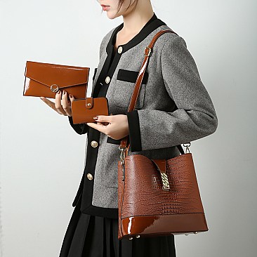 3 IN-1Flap Accented Croc Bucket Hobo Bag