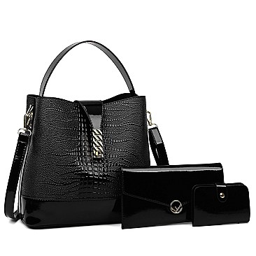 3 IN-1Flap Accented Croc Bucket Hobo Bag