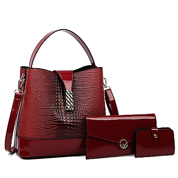3 IN-1Flap Accented Croc Bucket Hobo Bag