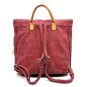 Two-Tone Textured Roll-Up Flap Backpack
