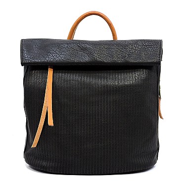 Two-Tone Textured Roll-Up Flap Backpack