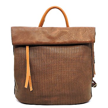 Two-Tone Textured Roll-Up Flap Backpack