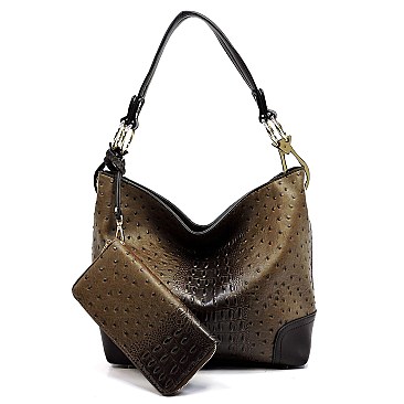 Side Ring Large Hooked Single Strap Ostrich Print Embossed Hobo SET