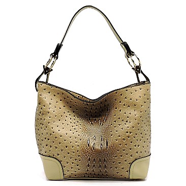 Side Ring Large Hooked Single Strap Ostrich Print Embossed Hobo SET