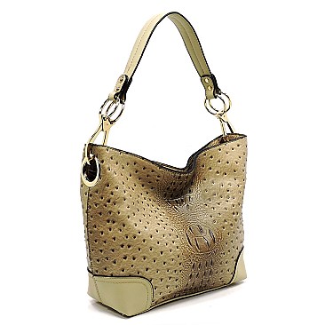 Side Ring Large Hooked Single Strap Ostrich Print Embossed Hobo SET