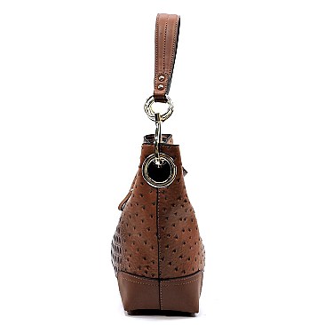 Side Ring Large Hooked Single Strap Ostrich Print Embossed Hobo SET