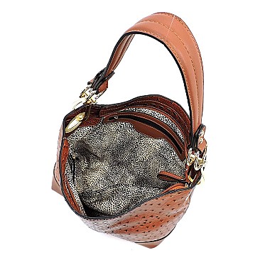 Side Ring Large Hooked Single Strap Ostrich Print Embossed Hobo SET