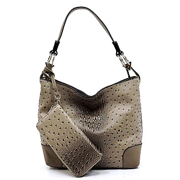 Side Ring Large Hooked Single Strap Ostrich Print Embossed Hobo SET