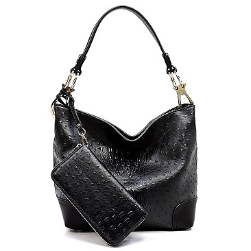 Side Ring Large Hooked Single Strap Ostrich Print Embossed Hobo SET