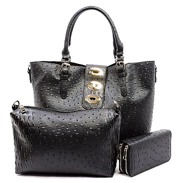 Ostrich Embossed Turn-Lock Accent 3 in 1 Tote Wallet MH-LF1402W