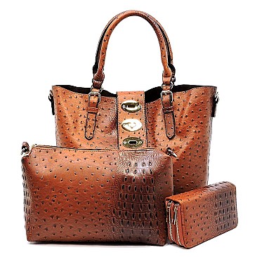 Ostrich Embossed Turn-Lock Accent 3 in 1 Tote Wallet MH-LF1402W