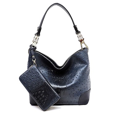 Side Ring Large Hooked Single Strap Ostrich Print Embossed Hobo SET