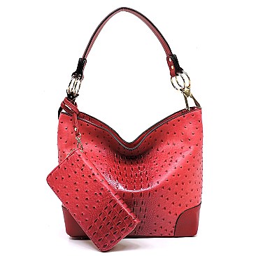 Side Ring Large Hooked Single Strap Ostrich Print Embossed Hobo SET