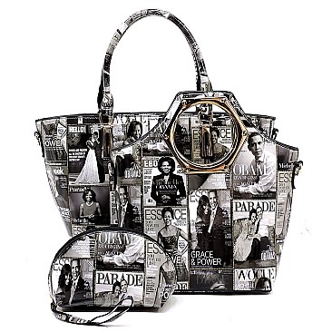 Obama Magazine Print 3 in 1 Handle Satchel Tote SET Multi MH-PQ021
