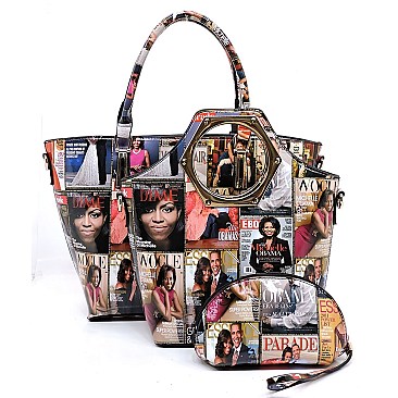 Obama Magazine Print 3 in 1 Handle Satchel Tote SET Multi MH-PQ021