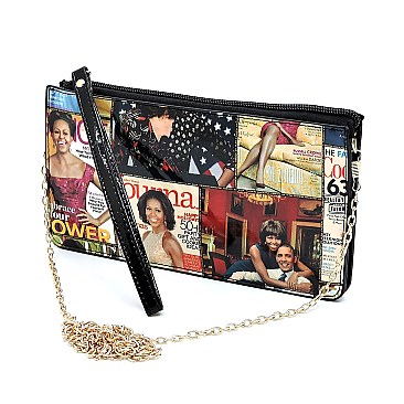 Collage Magazine Cover Cross Body Clutch Wallet Wristlet