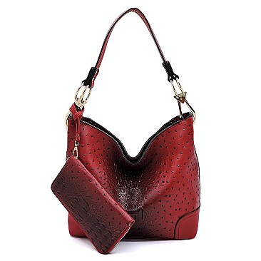 Side Ring Large Hooked Single Strap Ostrich Print Embossed Hobo SET
