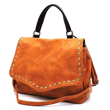 Stylish Brass-tone Studded Distressed Flap Satchel MH-LJN002