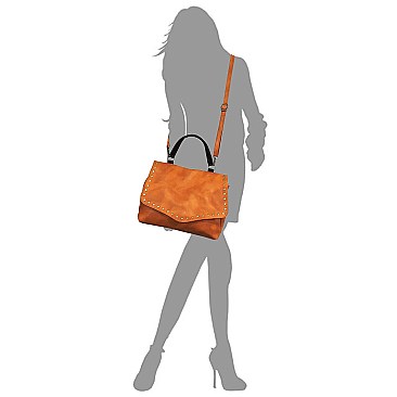 Stylish Brass-tone Studded Distressed Flap Satchel MH-LJN002