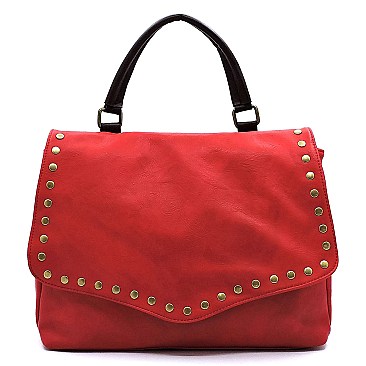 Stylish Brass-tone Studded Distressed Flap Satchel MH-LJN002