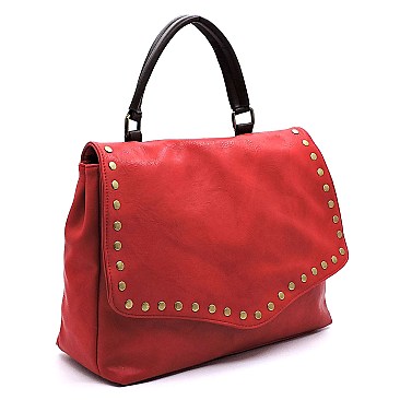 Stylish Brass-tone Studded Distressed Flap Satchel MH-LJN002