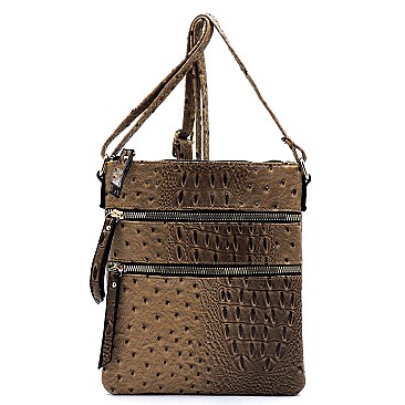 MULTI ZIPPER OSTRICH EMBOSSED CROSS BODY