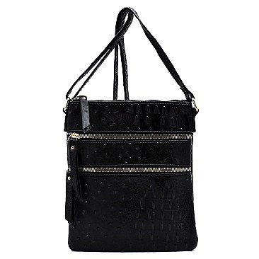 MULTI ZIPPER OSTRICH EMBOSSED CROSS BODY