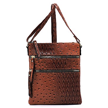MULTI ZIPPER OSTRICH EMBOSSED CROSS BODY