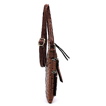 MULTI ZIPPER OSTRICH EMBOSSED CROSS BODY