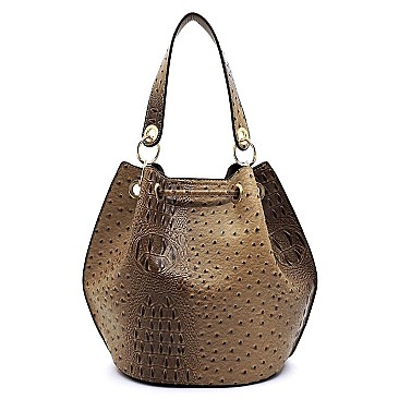 Ostrich Croc Drawstring 2-in-1 Bucket Satchel