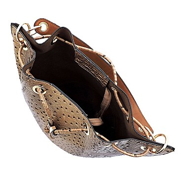 Ostrich Croc Drawstring 2-in-1 Bucket Satchel