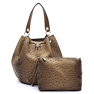 Ostrich Croc Drawstring 2-in-1 Bucket Satchel