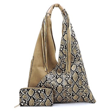 Python Snake Skin Fringe Colorblock 2-in-1 Shoulder Bag Hobo