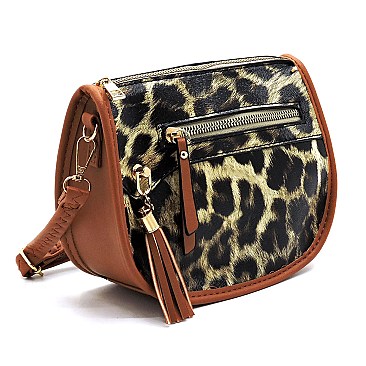 Leopard Print Tassel Accent Cross Body Messenger