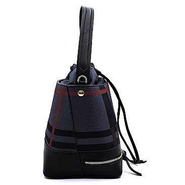Drawstring Checker Plaid Print Linen Bucket Satchel
