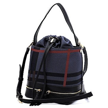 Drawstring Checker Plaid Print Linen Bucket Satchel